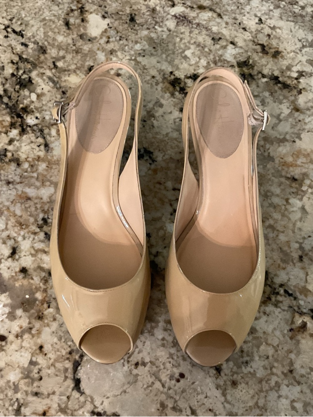 Cole Haan Nude Patent Peep-Toe Slingback Heels